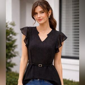 Trixxi Clothing Company Black Polka Dot Ruffle Belted Top